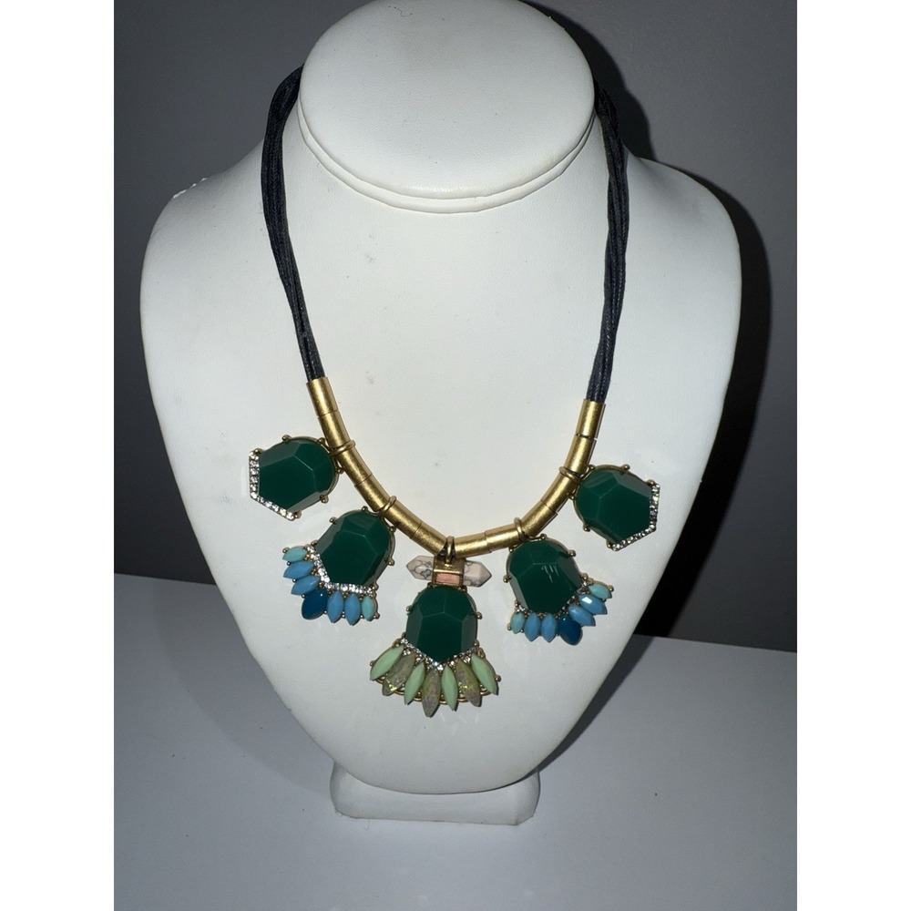Signed J. Crew Blue / Green Gold Tone‎ Costume Statement Bib Necklace Rhinestone